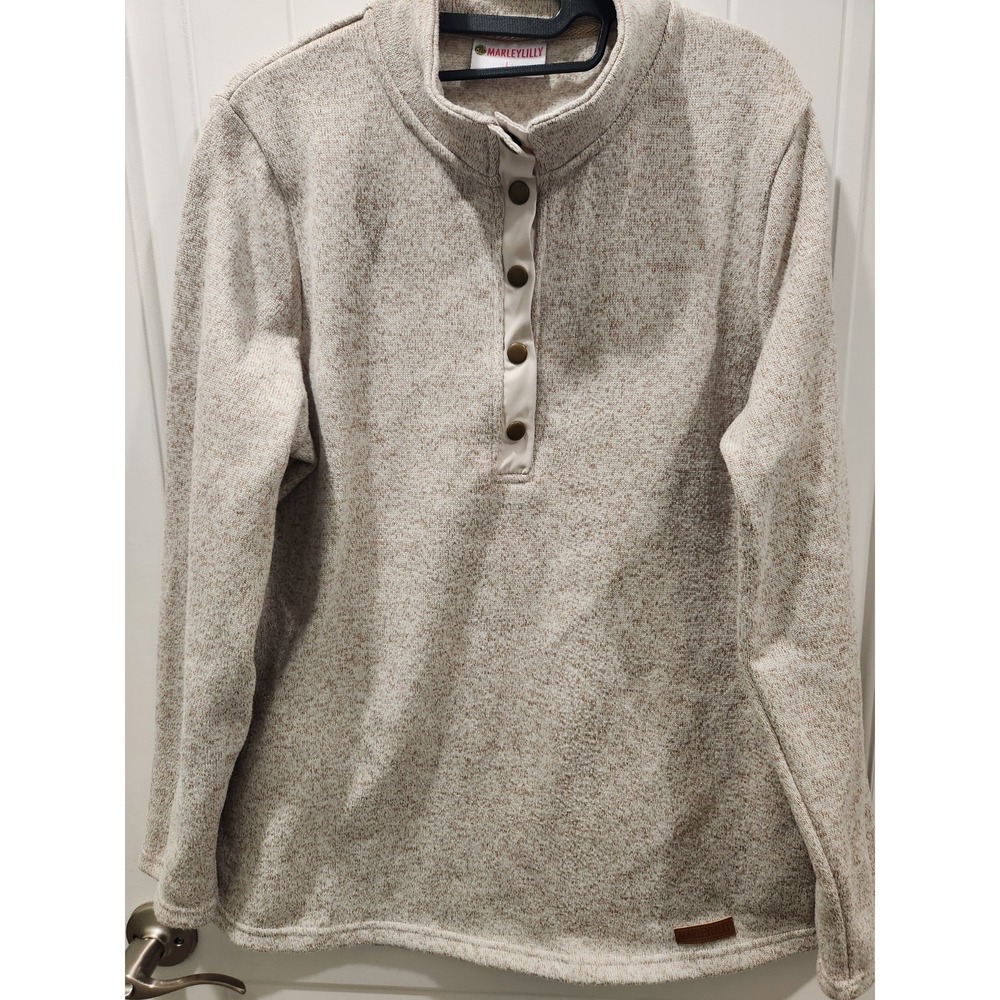 Marley Lilly Sweater Women Large Ladies Beige 1/4 Quarter Snap Mock Neck Fleece‎